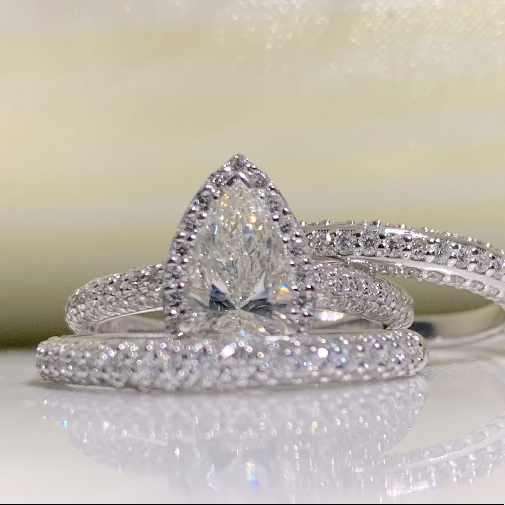 14k Pear Cut 3D Pave Halo Ring